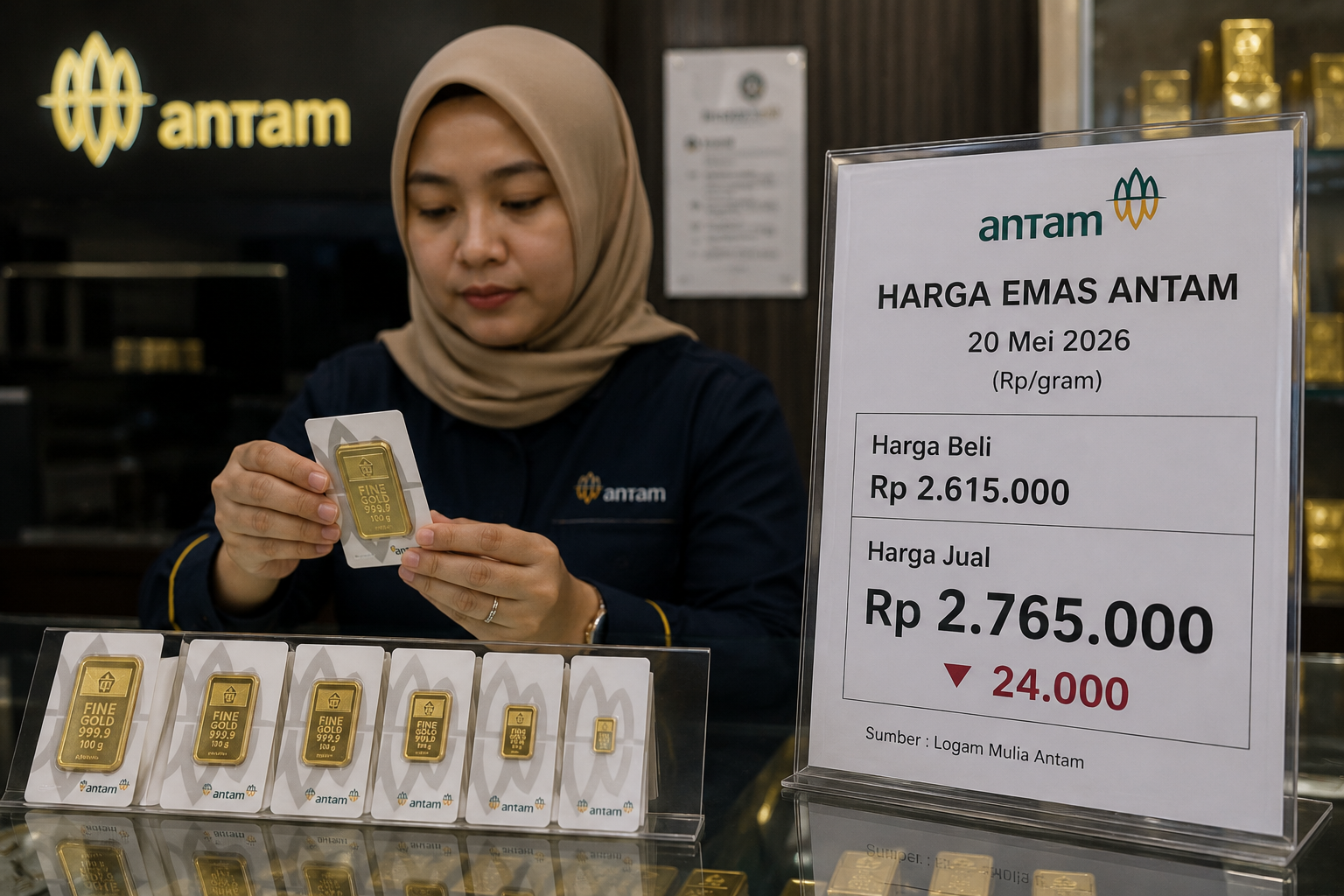 Harga Emas Antam Hari Ini Turun Rp24.000 Jadi Rp2,765 Juta per Gram