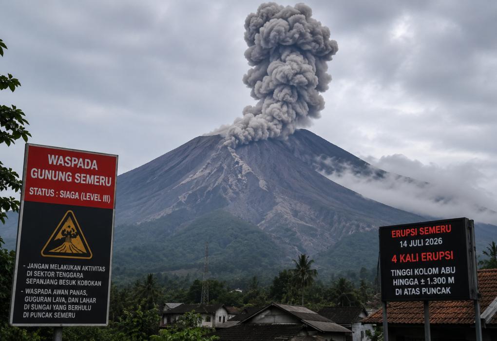 Gunung Semeru Erupsi Empat Kali, Kolom Abu Capai 1.300 Meter